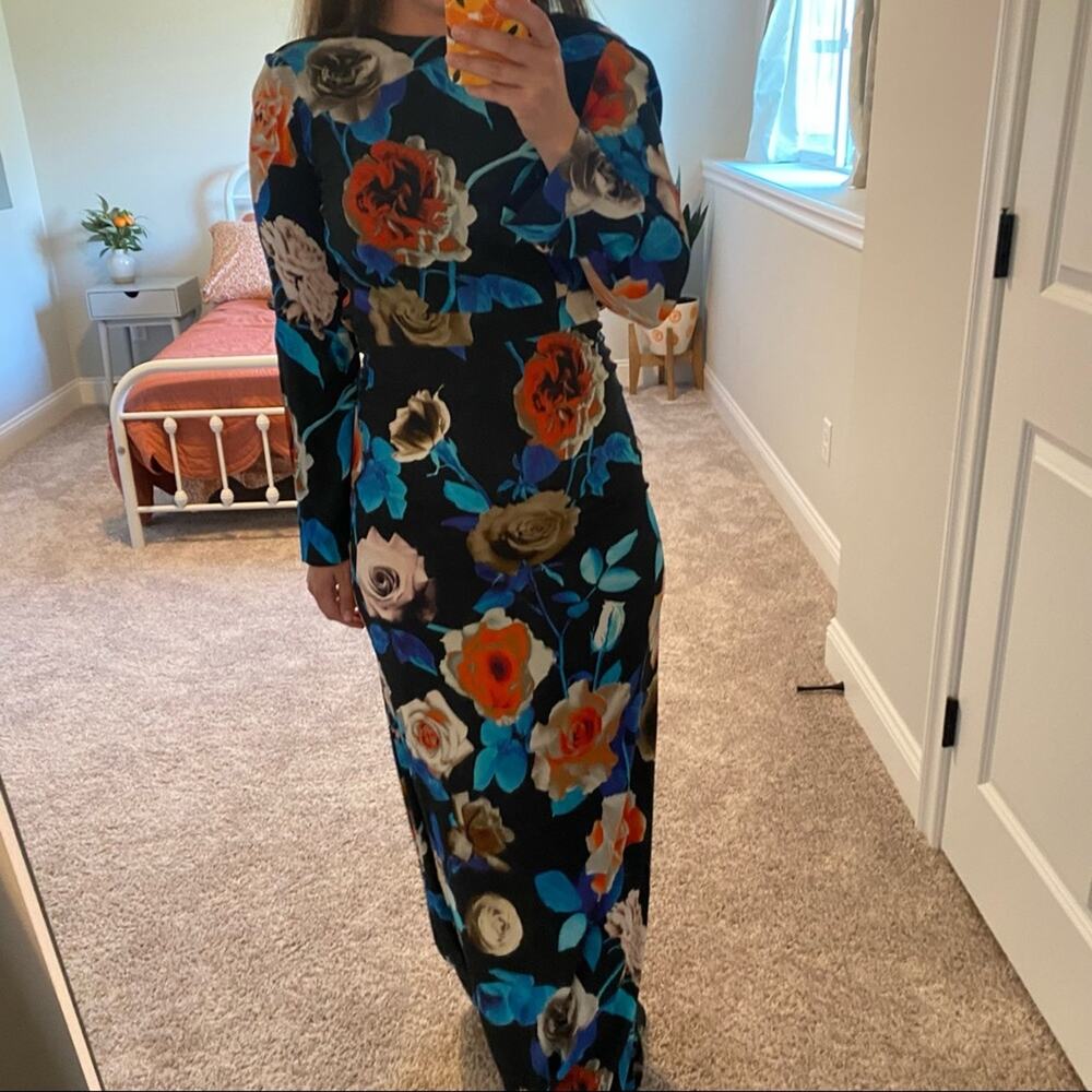 MSGM Milano Blue Red Black Rose Floral Long Sleeve Maxi Gown Dress XS - Picture 7 of 16